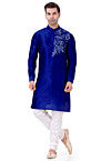 Embroidered Dupion Silk Kurta Set in Royal Blue