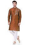Embroidered Dupion Silk Kurta Set in Rust