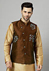 Embroidered Dupion Silk Nehru Jacket in Brown