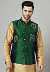 Embroidered Dupion Silk Nehru Jacket in Dark Green