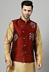 Embroidered Dupion Silk Nehru Jacket in Maroon