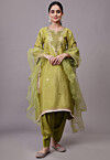 Embroidered Dupion Silk Pakistani Suit in Olive Green