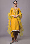 Embroidered Dupion Silk Punjabi Suit in Yellow