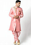 Embroidered Dupion Silk Sherwani in Peach