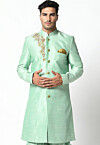 Embroidered Dupion Silk Sherwani in Sea Green