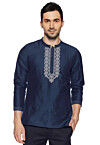 Embroidered Dupion Silk Short Kurta in Navy Blue
