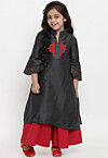 Embroidered Dupion Silk Straight Kurta Set in Black