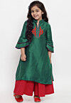 Embroidered Dupion Silk Straight Kurta Set in Dark Green
