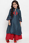 Embroidered Dupion Silk Straight Kurta Set in Dark Grey