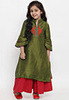 Embroidered Dupion Silk Straight Kurta Set in Green