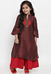 Embroidered Dupion Silk Straight Kurta Set in Maroon