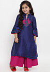 Embroidered Dupion Silk Straight Kurta Set in Navy Blue