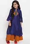 Embroidered Dupion Silk Straight Kurta Set in Navy Blue