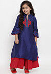Embroidered Dupion Silk Straight Kurta Set in Navy Blue