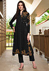 Embroidered Georgette A Line Kurta Set in Black
