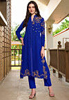 Embroidered Georgette A Line Kurta Set in Blue