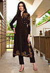 Embroidered Georgette A Line Kurta Set in Brown