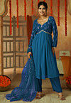 Embroidered Georgette A Line Suit in Teal Blue