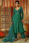 Embroidered Georgette A Line Suit in Teal Green