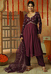 Embroidered Georgette A Line Suit in Wine