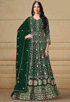 Embroidered Georgette Abaya Style Suit in Dark Green
