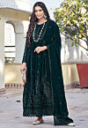 Embroidered Georgette Abaya Style Suit in Dark Green