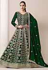 Embroidered Georgette Abaya Style Suit in Dark Green