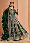 Embroidered Georgette Abaya Style Suit in Dark Green