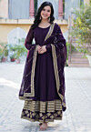 Embroidered Georgette Abaya Style Suit in Dark Purple