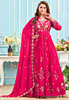 Embroidered Georgette Abaya Style Suit in Fuchsia