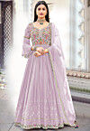 Embroidered Georgette Abaya Style Suit in Light Purple
