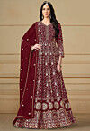 Embroidered Georgette Abaya Style Suit in Maroon
