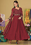 Embroidered Georgette Abaya Style Suit in Maroon