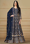 Embroidered Georgette Abaya Style Suit in Navy Blue