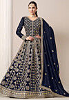 Embroidered Georgette Abaya Style Suit in Navy Blue