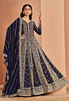 Embroidered Georgette Abaya Style Suit in Navy Blue