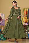 Embroidered Georgette Abaya Style Suit in Olive Green