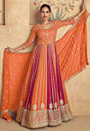 Embroidered Georgette Abaya Style Suit in Orange and Pink
