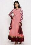 Embroidered Georgette Abaya Style Suit in Peach