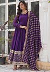 Embroidered Georgette Abaya Style Suit in Purple