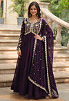 Embroidered Georgette Abaya Style Suit in Purple
