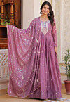 Embroidered Georgette Abaya Style Suit in Purple