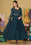 Embroidered Georgette Abaya Style Suit in Teal Blue