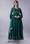 Embroidered Georgette Abaya Style Suit in Teal Green