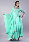 Embroidered Georgette Abaya Style Suit in Turquoise