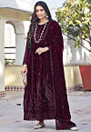 Embroidered Georgette Abaya Style Suit in Wine