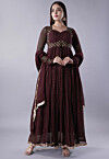 Embroidered Georgette Abaya Style Suit in Wine
