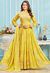 Embroidered Georgette Abaya Style Suit in Yellow