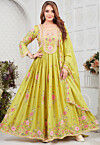 Embroidered Georgette Abaya Style Suit in Yellow