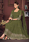 Embroidered Georgette Anarkali Suit in Olive Green